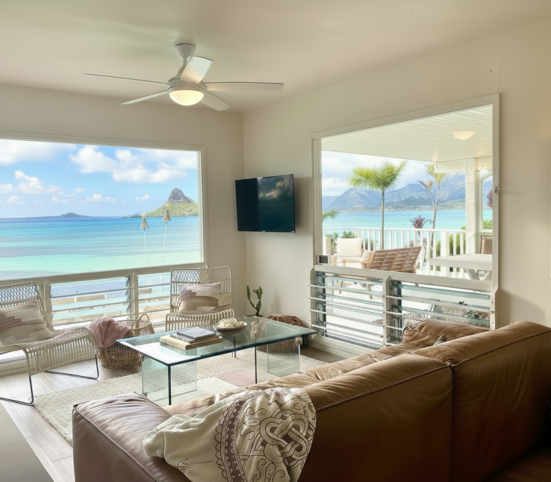 Chinaman’s Ocean Front Beach House 10 Spacious living room in Oahu vacation rental with ocean views